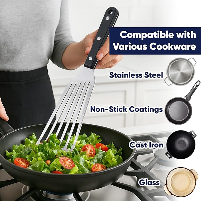 Newness Metal Fish Turner Spatula Stainless Steel for Kitchen Use, Small Griddle Egg Spatula, Flexible, Polished Metal, Corrosion Resistant, Kitchen Slotted Turner with Thin Edge Ideal for Turning,11"