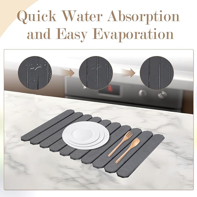 Stone Drying Mat For Kitchen Counter, 24"(L)×16"(W) Large Stone Dish Drying Mat Foldable, Quick Dry Water Absorbent Diatomaceous Earth Dishes Mat for Cups and Bottles, Grey