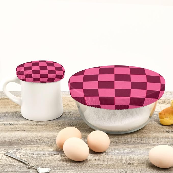 5 Pcs Bowl Covers Reusable in 5 Size Elastic Food Cover Cloth Lids Fresh Keeping Dish Cookware Bakeware Fabric Covers Lids for Food Leftovers Fruits Storage Checkered Hot Pink