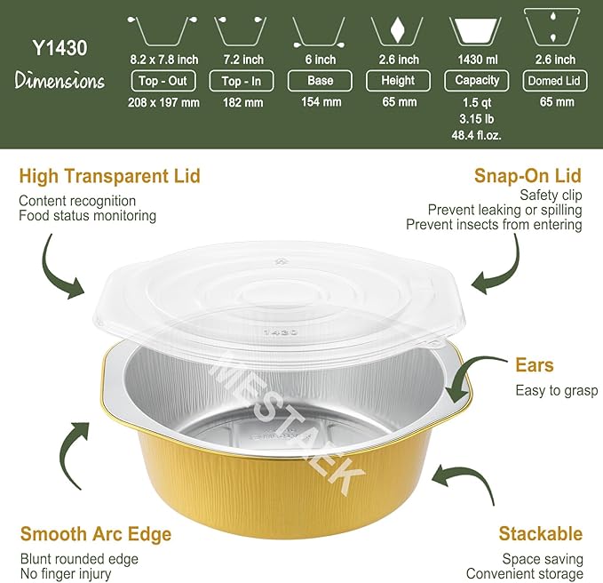 7.8" Extra-Deep Aluminum Foil Pans with Integrated Handles and Snap-On Lids (10 pcs) | 2X Thickness Heavy-Duty Reusable Tin for Baking and Cooking