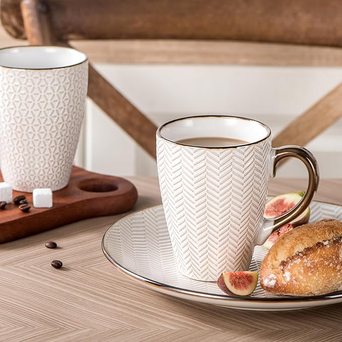 Ceramic Coffee Mug Set - 16 Oz Large Coffee Mugs - Embossed Stoneware Cups with Handle for Latte Tea Cappuccino Cocoa - Microwave Dishwasher Safe - Set of 4 - White