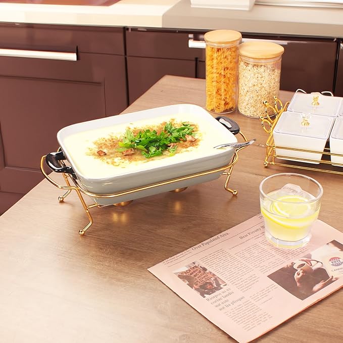 Ceramic Casserole Dish 1.3 Quart Bakeware with rack, 9 x 6 Lasagna Pan, Buffet, hot pot, Catering Casserole for party, Bakeware With Handle, Microwave, Dishwasher, Oven Safe (Gray with rack)