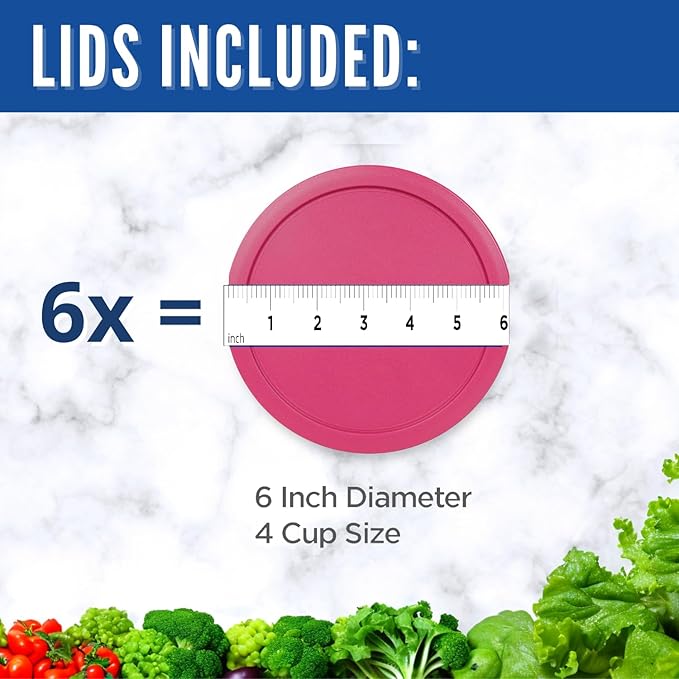 Replacement Lids for Pyrex 4-Cup Glass Food Storage Container Bowls, 6-Inch Plastic Round Lids Covers fits Pyrex 7201-PC, Airtight & Leakproof (6-Pack, Fuchsia)