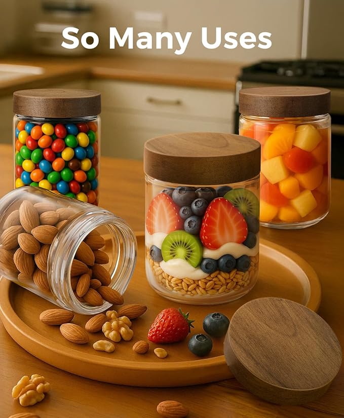 8 Pack 16oz Overnight Oats Containers with Lids, Glass Mason Jars with Acacia Wood Airtight Lids, Wide Mouth Meal Prep Storage Jars for Yogurt, Chia Pudding, Salad, Snacks, Spice