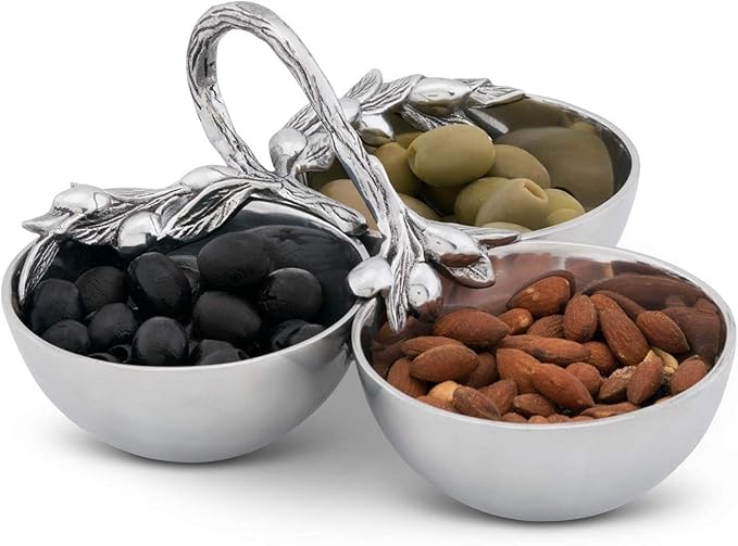 Arthur Court Sand-Cast Aluminum 3 Compartment Olive Pattern Condiment Serving Bowl 9 inch Diameter 4 inch Tall