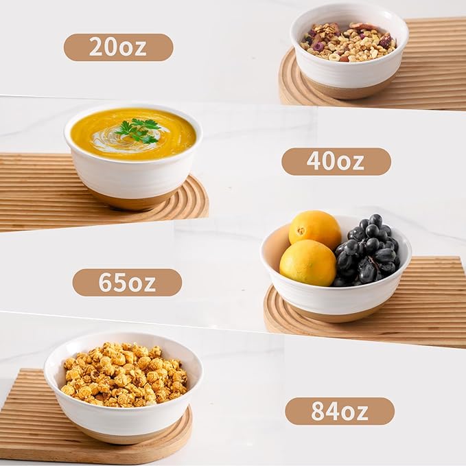 Mixing Bowls Set, Ceramic Serving Dishes Set of 4 for Cooking, Nesting, Prepping, Baking Bowls for Salads, Fruit, Cereal, Soup, 2.1/1.5/1.0/0.5 Qt, Dishwasher & Microwave Safe, White