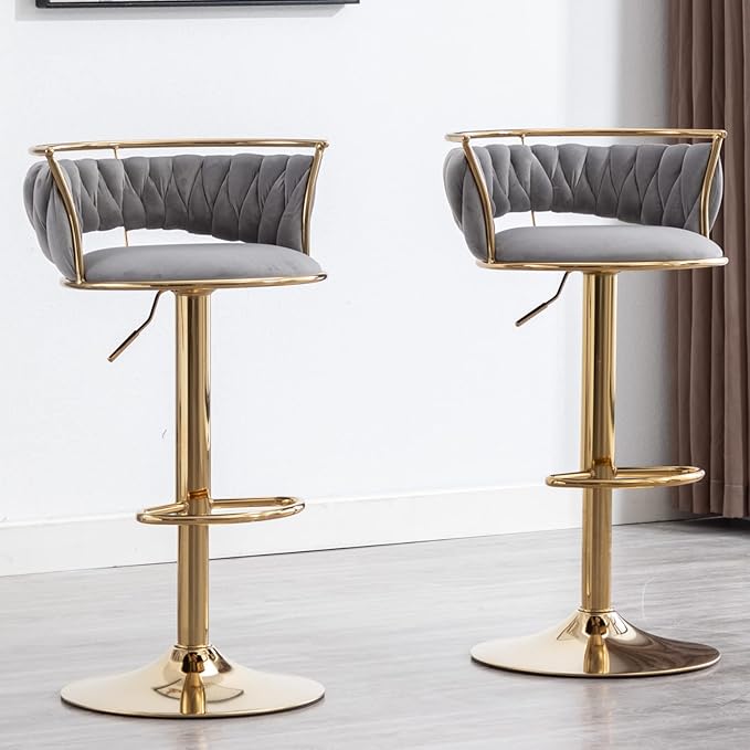 LukeAlon Modern Velvet Adjustable Barstools Set of 2, 360° Swivel Counter Stools with Golden Base Upholstered Open Back Tall Bar Chairs with Footrest for Home Pub Kitchen, Grey
