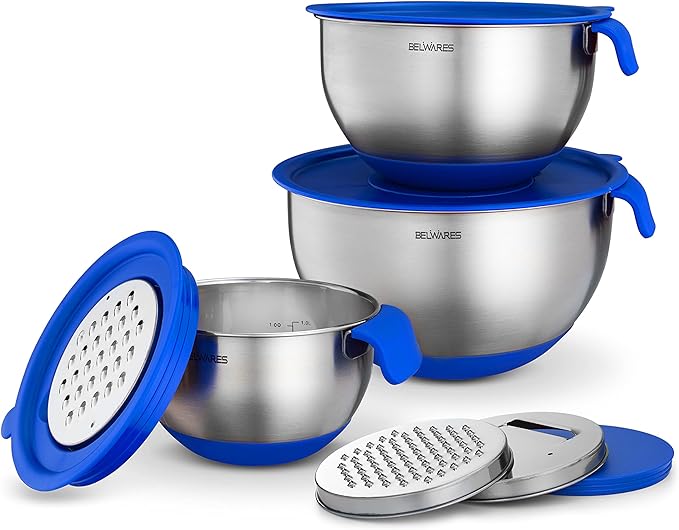 Belwares Mixing Bowls with Lids Set - Nesting Bowls with Graters, Handle, Pour Spout, Airtight Lids - Stainless Steel Non-Slip Mixing Bowl for Cooking, Baking, Prepping, Food Storage (Set of 3)