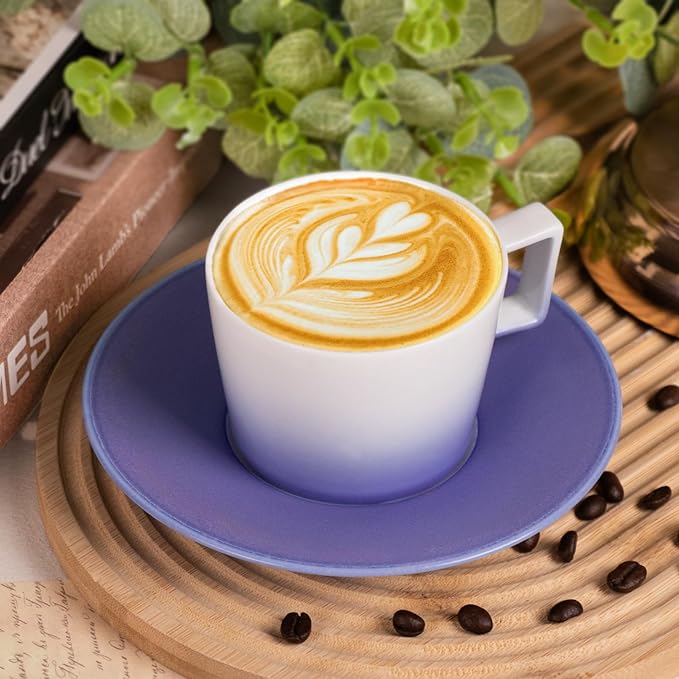 KAMMAK Porcelain Espresso Cups with Saucers, Ceramic Coffee Cups and Saucers Set of 2, Handcrafted Cappuccino Cup with Saucer for Tea Party, Holiday, Office, Gifts (Gradient Purple, 7oz)