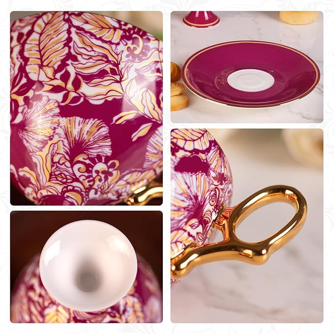 KAMMAK Ceramic Coffee Cups and Saucers Set of 2, Porcelain Espresso Cups with Saucers, 7.7oz Handcrafted Floral Vintage Petite Stem Tea Cups Drinkware Set for Party, Holiday Gifting, Home Decor, Gift