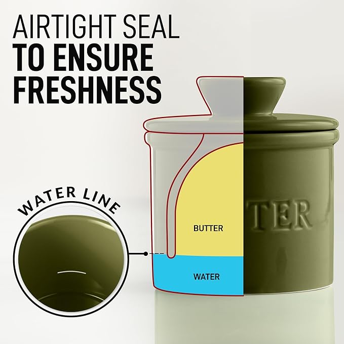 Zulay Kitchen Butter Crock With Lid & Spreader Knife for Countertop - Ceramic French Butter Dish Keeper For Fresh & Spreadable Butter - Cypress Green