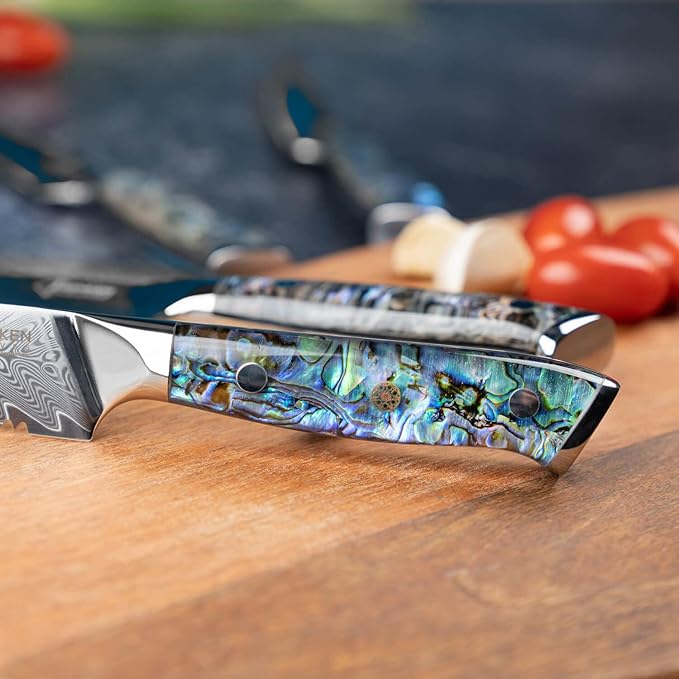 SENKEN 4-Piece Damascus Steak Knife Set, Non-Serrated Blades, Real Abalone Shell Handle, "Umi" Collection Japanese Straight-Edge Steak Knives, Japanese VG10 Steel 67-Layer Damascus