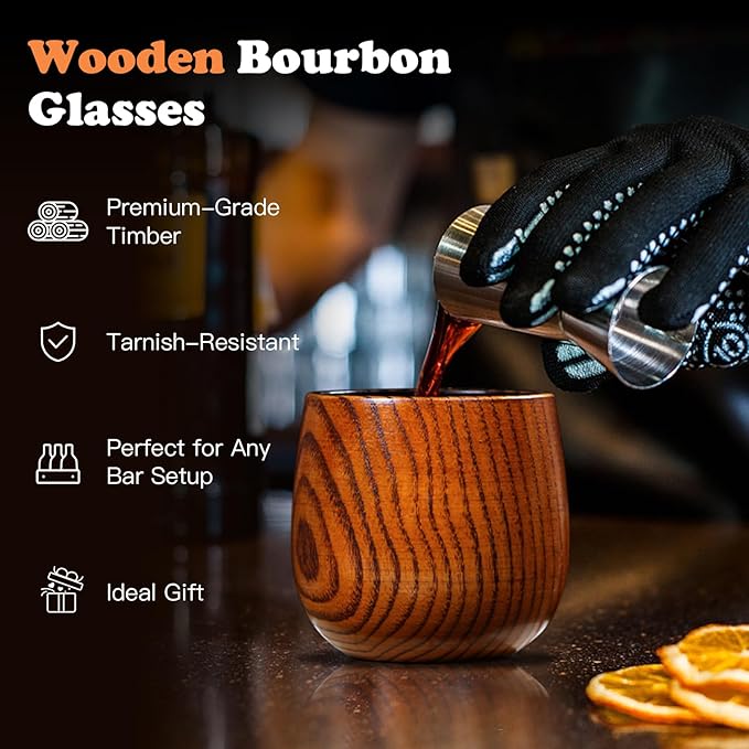 Original Charred Wooden Bourbon Drinking Glass, 11oz Handcrafted Whiskey Glasses for Men, Unique Unbreakable Old Fashioned Whiskey Glass for Dad, Husband or Bourbon Lovers