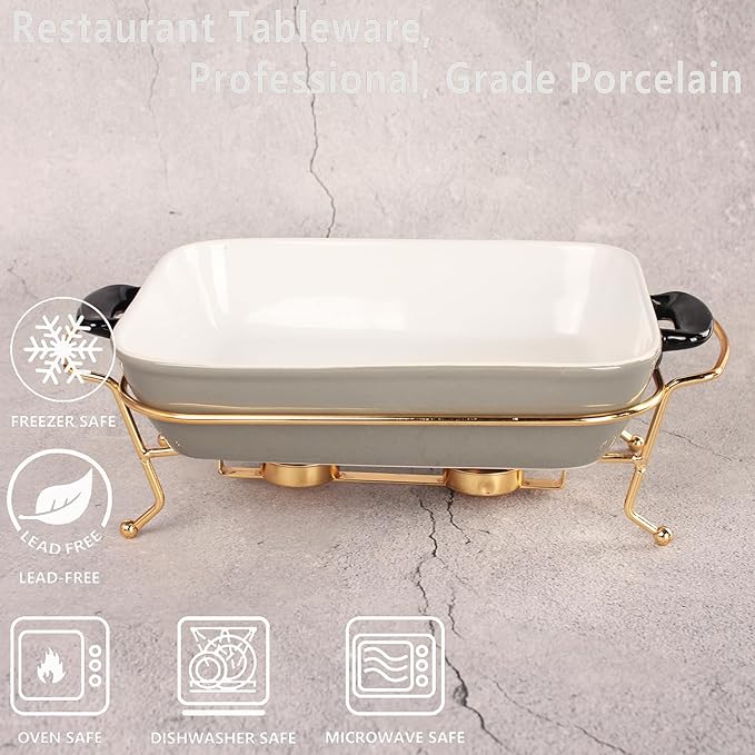 Ceramic Casserole Dish 1.3 Quart Bakeware with rack, 9 x 6 Lasagna Pan, Buffet, hot pot, Catering Casserole for party, Bakeware With Handle, Microwave, Dishwasher, Oven Safe (Gray with rack)