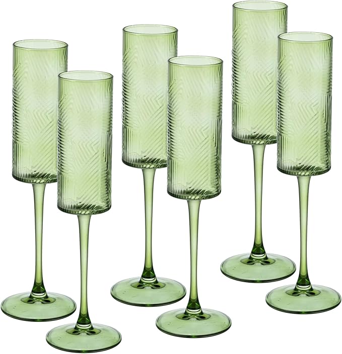 6 Pieces Green Champagne Flutes,6 OZ Twill Pattern Striped Vintage Stem Glasses Stemware Wine Glasses Champagne Long Stem Drinking Colored Glasses Goblets for Wedding Cocktail Cups,Cava, Prosecco