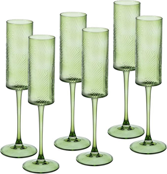 6 Pieces Green Champagne Flutes,6 OZ Twill Pattern Striped Vintage Stem Glasses Stemware Wine Glasses Champagne Long Stem Drinking Colored Glasses Goblets for Wedding Cocktail Cups,Cava, Prosecco