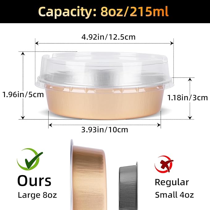 Beasea Mini Ramekins with Lids, 120 Pack 4 Inch 8oz Disposable Creme Brulee Tart Pie Tins Rose Gold Small Aluminum Foil Cake Baking Tins Pans Individual Round Containers Oven Safe for Baking