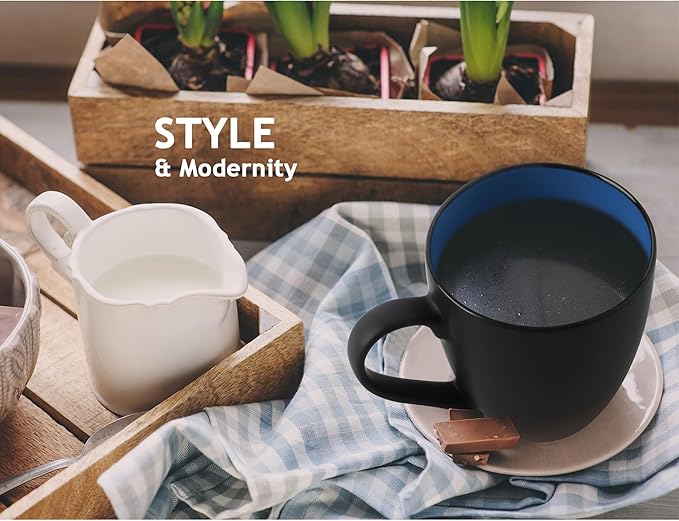 MIAMIO - Set of 6 Stoneware Coffee Mugs 12 Ounce/Cup Set - Le Papillon Collection (Black-Blue)