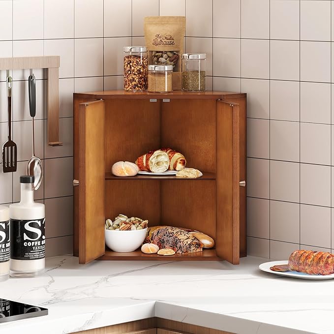 Corner Bread Box for Kitchen Counter Double Layer Bamboo Bread Storage Container Large Capacity Bread Storage Bin Farmhouse Breadbox Organizer (Antique Brown)