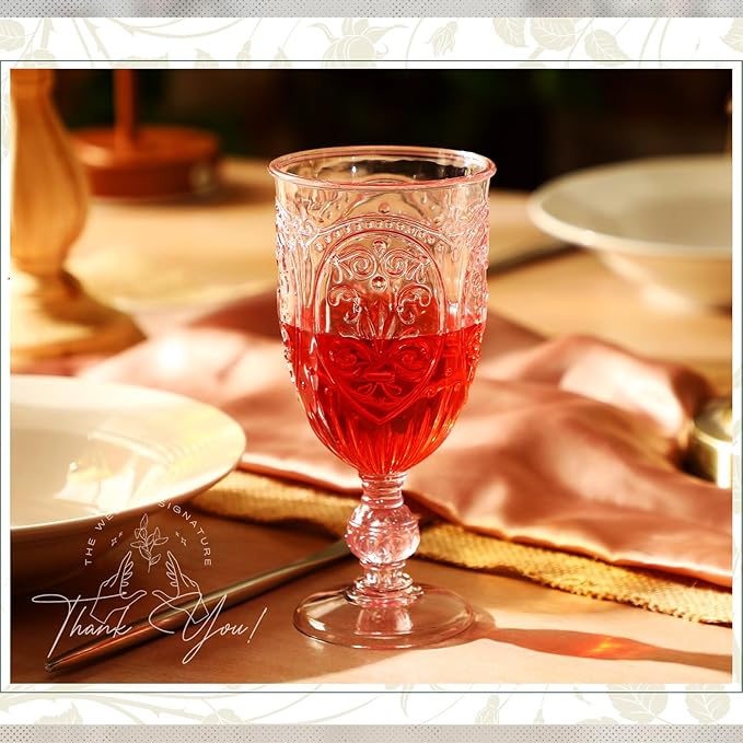 60 Pack Plastic Goblets 10oz Upgrade Vintage Water Goblet Plastic Wine Glasses Colored Retro Embossed Glassware for Party Wine Bar Juice Baby Shower Wedding Reception Grand (Pink)