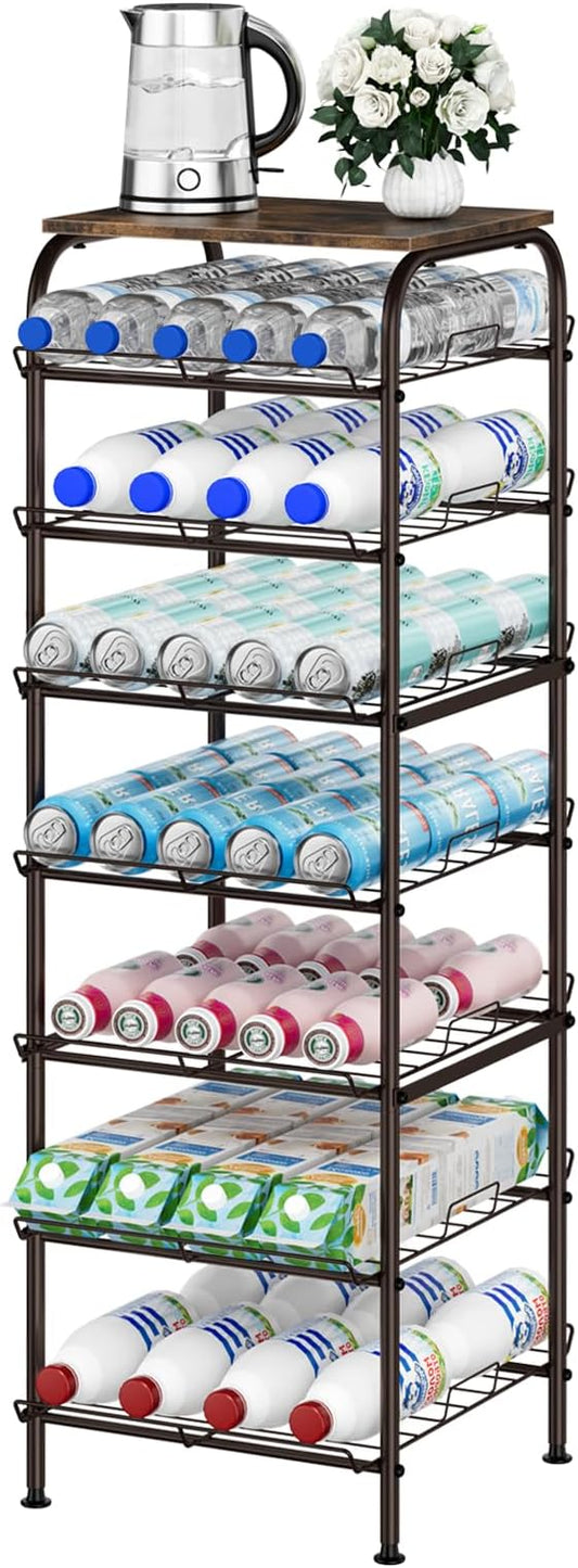 smusei Water Bottle Organizer 7 Tier Free Standing Water Bottle Storage Rack Metal Water Bottle Rack Shelf Large Capacity Bottled Water Holder Beverage Drink Stand for Kitchen Pantry Office, Brown