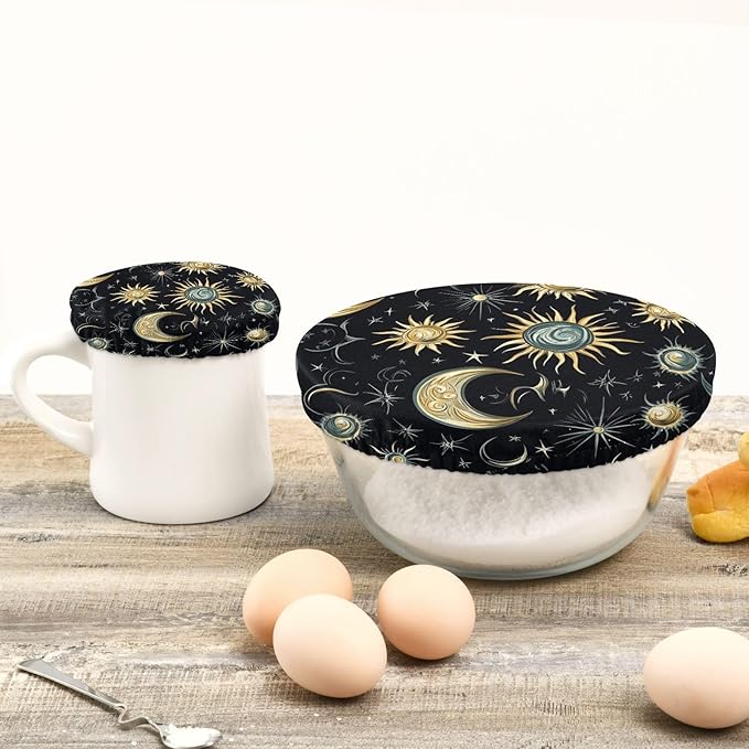 5 Pcs Bowl Covers Reusable in 5 Size Elastic Food Cover Cloth Lids Fresh Keeping Dish Cookware Bakeware Fabric Covers Lids for Food Leftovers Fruits Storage Star Moon Sun Constellation Blac