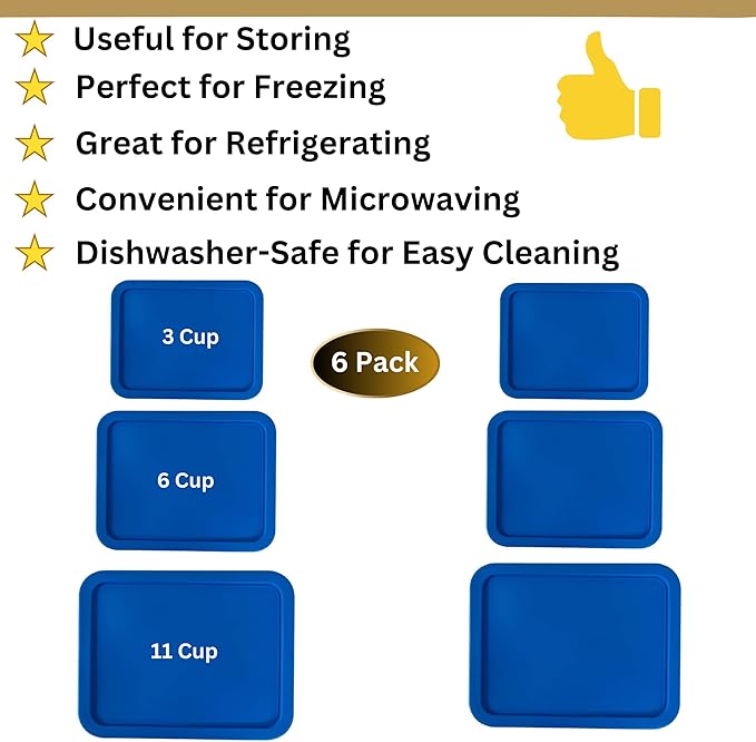 3, 6 & 11 Cup Blue Replacement Lids/Covers for Pyrex, Anchor Hocking & KlareWare Storage Bowls *Lids Only Glass Container Not Included* (6 Pack *Two of Each Size*)