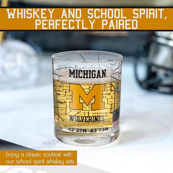 Greenline Goods – University of Michigan Wolverines College Whiskey Glasses (Set of 2), 10 oz – Full‑Color Logo + Campus Map