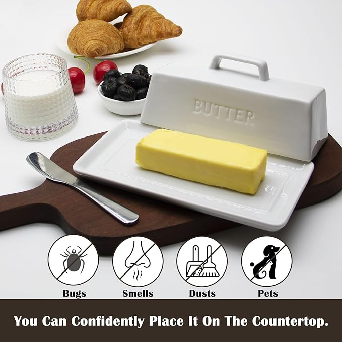 Ceramic Butter Dish With Lid for Countertop, Covered Butter Container, Large Butter Holder With Lid, Butter Tray With Handle White
