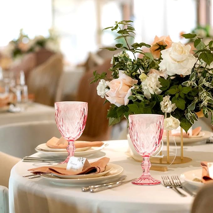 24 Pcs Vintage Wine Glasses, 10 Ounce Colored Glass Water Goblets, Unique Embossed Pattern High Clear Stemmed Glassware Wedding Party Bar Glass Drinking Cups Fancy Wine Glasses Pink Set of 24