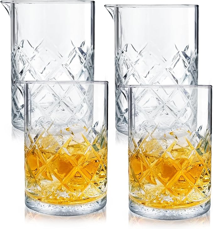 4 Pcs 24 oz Cocktail Mixing Glass Crystal Stirring Glass Thick Bottom Seamless Cocktail Pitcher Tools for Bartender Home Bar Whiskey Martini Drink Shaker Accessories