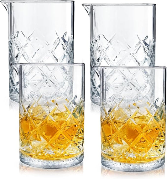 4 Pcs 24 oz Cocktail Mixing Glass Crystal Stirring Glass Thick Bottom Seamless Cocktail Pitcher Tools for Bartender Home Bar Whiskey Martini Drink Shaker Accessories