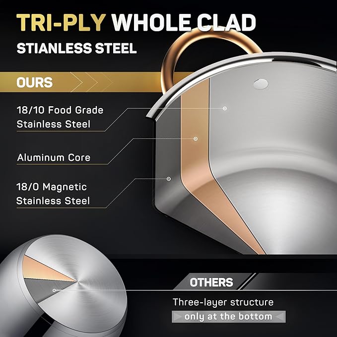 8 Quart Stock Pot, 3 Ply Whole Clad Stainless Steel Stock Pot, 8 QT Cooking Pot with Lid, Induction Pot for Cooking, 18/10 Stainless Steel Cookware Stockpots Oven, Gas and Dishwasher Safe