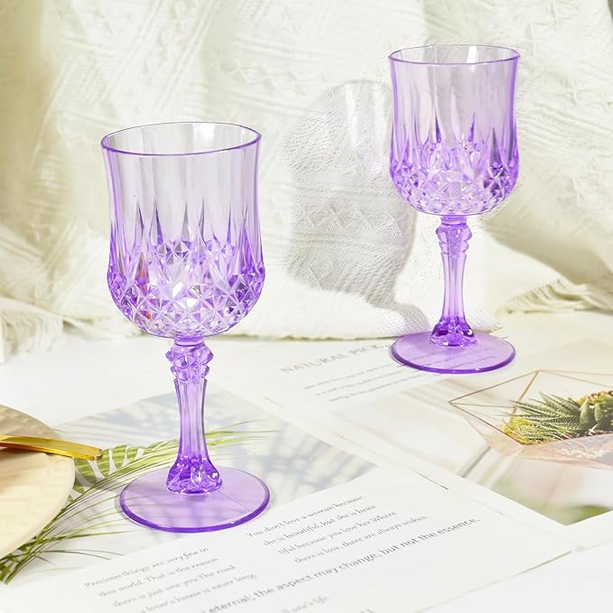 48 Pcs Plastic Purple Wine Drinking Glasses, Plastic Water Goblets Purple Vintage Reusable Drinkware Vintage Champagne glassware for Wedding Reception Grand Event Party, 7oz