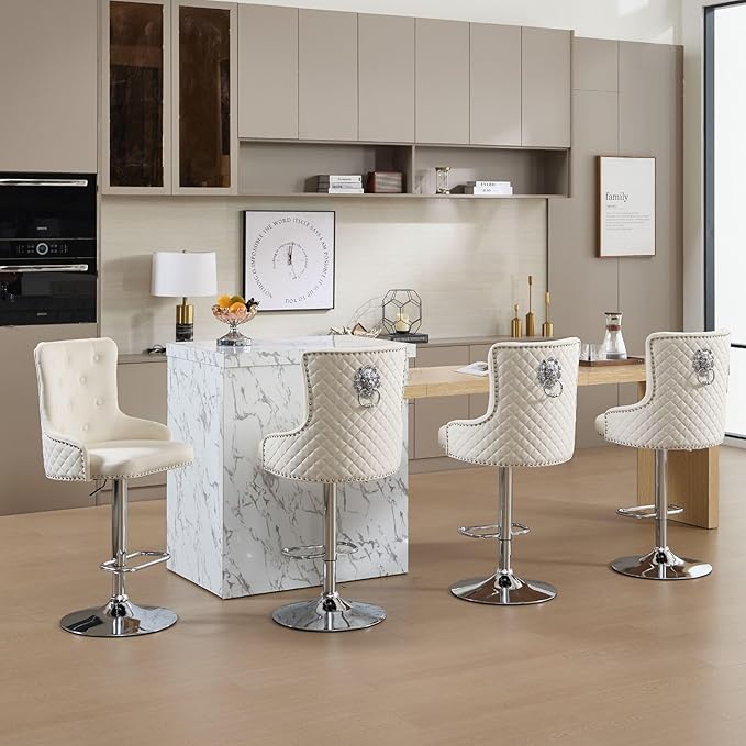 Velvet Lion Bar Stools Set of 4, Modern Height Adjustable Swivel Barstools with Chrome Base, Tufted Counter Height Bar Stools Upholstered Bar Chairs for Kitchen Island, Dining Room, Beige