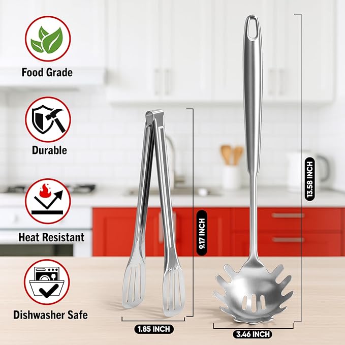 Newness 304 Stainless Steel Spaghetti Server and Spaghetti Tong, [Rustproof, Integral Forming, Durable] Pasta Spoon with Teeth with Vacuum Ergonomic Handle, Comfortable Grip Design Pasta Server