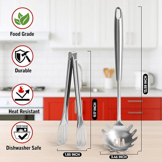 Newness 304 Stainless Steel Spaghetti Server and Spaghetti Tong, [Rustproof, Integral Forming, Durable] Pasta Spoon with Teeth with Vacuum Ergonomic Handle, Comfortable Grip Design Pasta Server