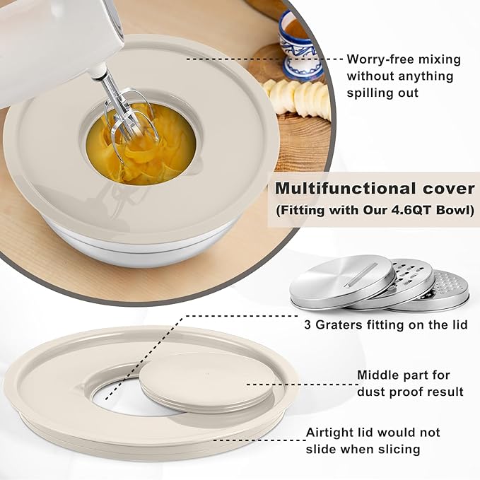 P&P CHEF Mixing Bowls with Lids Set of 6, Stainless Steel Nesting Salad Bowl & 3 Grater Attachments for Prepping Storing, 4.6/2.6/2/1.5/1/0.7 QT, Khaki