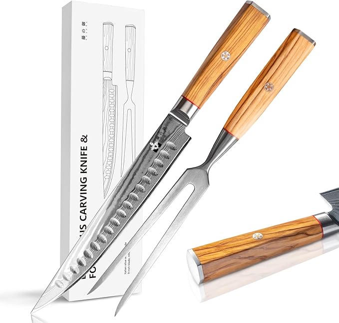 Carving Knife and Fork Set for Meat Turkey - Set of 2 with 9 inch Damascus Slicing Carving Knife and 6 inch Fork - Damascus VG10 Steel 67-Layer - Natural Olive Wood Handle- Exquisite Box