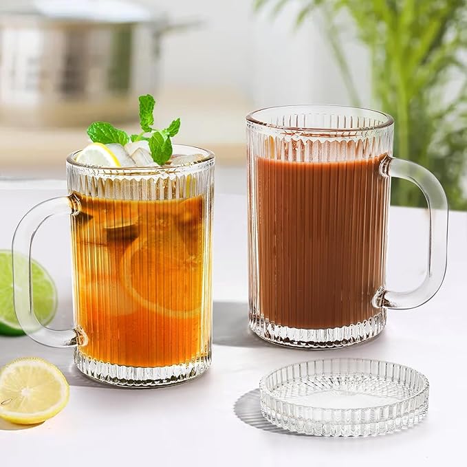 13 oz Clear Ribbed Coffee Mug with Lid, Set of 2 - Classic Glassware for Hot and Cold Beverages (Set of 2)