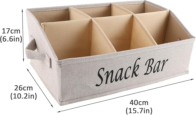 Snack Organizer for Countertop, Fabric Snack Organizer with Handles, 6 Compartment Snack Box Container Snack Basket, Snack Bar Station, Kitchen Pantry Organization and Storage - Khaki