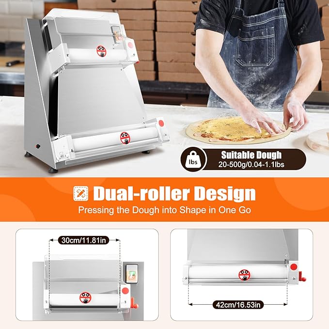 Electric Pizza Dough Sheeter Machine,Automatic Commercial Dough Roller Sheeter,Pasta Maker Machine for Icing Pizza,Pizza Press Stainless Steel for Bread Marzipan and Puff Pastry (370W)