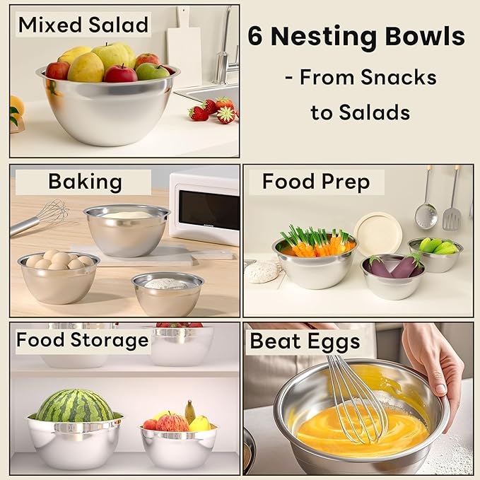 Mixing Bowls with Lids Set 10pcs | Stainless Steel Mixing Bowls with Graters and Egg Whisk,Nesting Bowls Set for Baking, Cooking, Meal Storage(1.2QT-5.5QT)