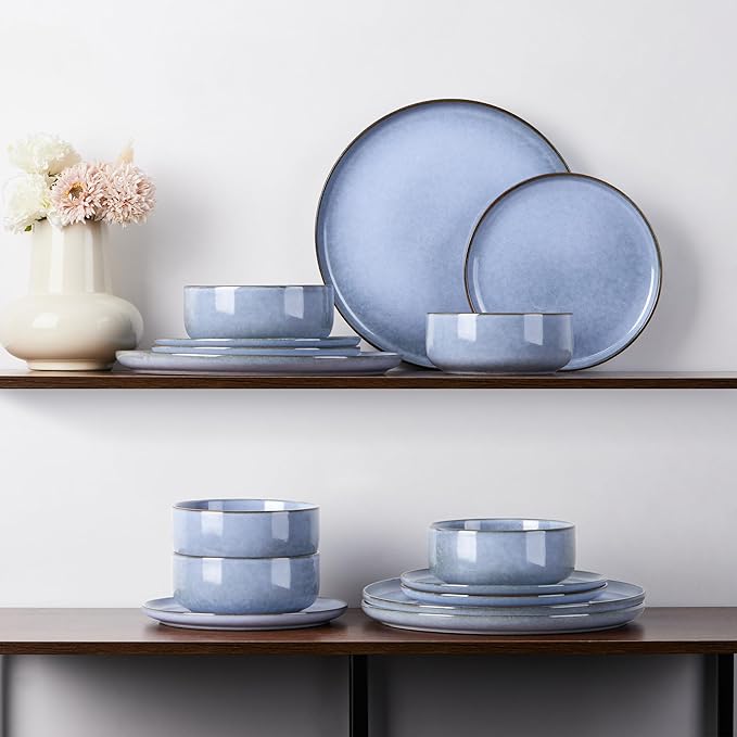 E-far 12-Piece Reactive Glaze Dinnerware Sets, Ceramic Dishes Set for 4, Stoneware Plates and Bowls Dinning Ware, Microwave & Dishwasher Safe - Ocean Blue