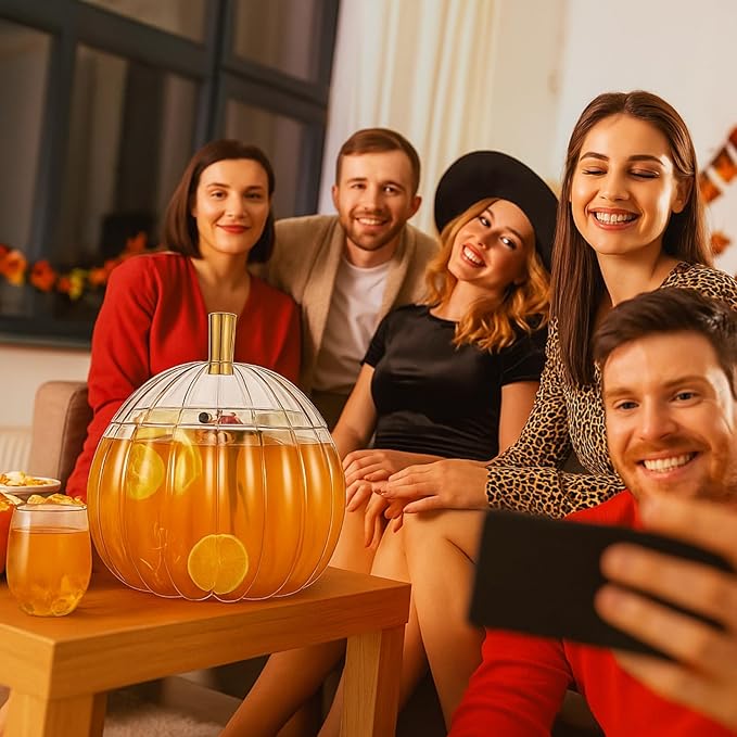 Meanplan 1.3 Gallon Thanksgiving Plastic Punch Bowl Set with 6 Clear Plastic Cups and 1 Ladle Pumpkin Shaped Punch Bowl Fall Harvest Kitchen Decoration for Fall Autumn Party Supplies