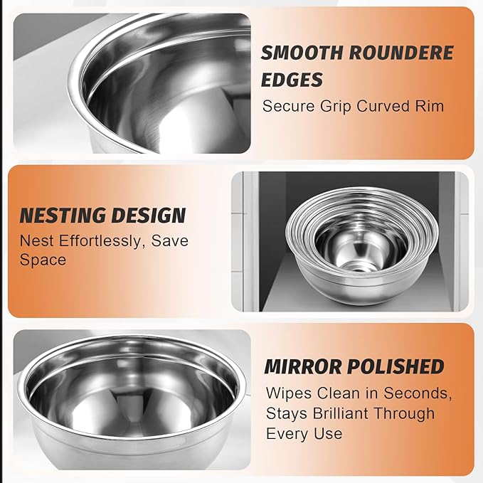 BEWOS Mixing Bowls with Airtight Lids Set - 5 Pcs Stainless Steel Mixing Bowls With 3 Grater Attachments, Size 4.5, 4, 3.5, 2.1, 1.5QT Metal Bowls for Baking and Serving (Colored)