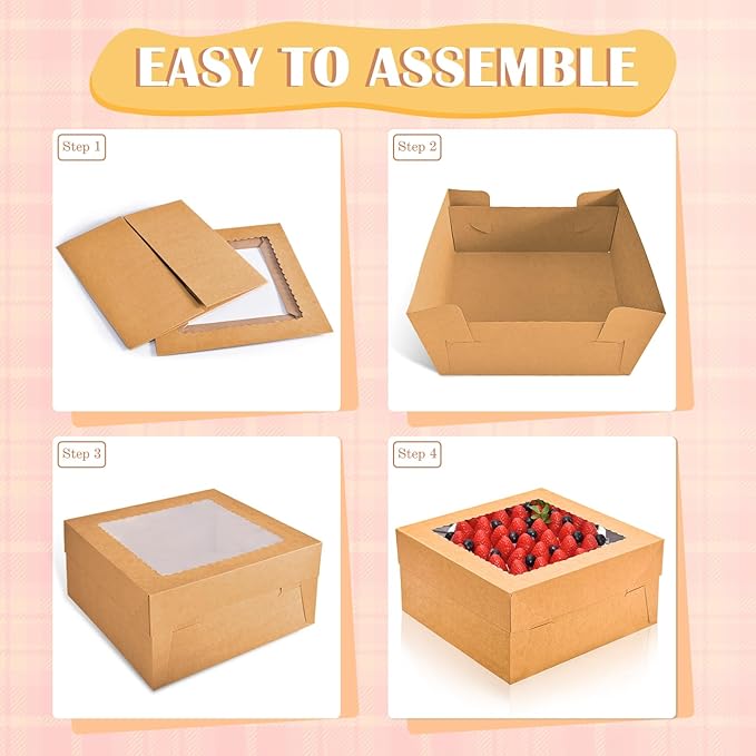 16Pcs 12x12x6 Inch Cake Boxes with Window, Brown Bakery Boxes, Cake Carrier Container for Pastries, Pie, Cookies, Chocolates, Cupcakes, Birthday Party, Wedding