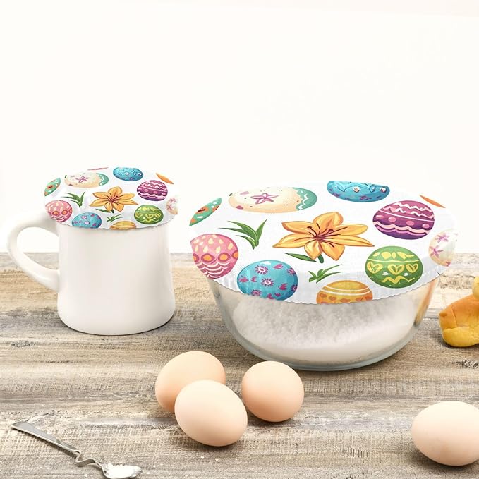 5 Pcs Bowl Covers Reusable in 5 Size Elastic Food Cover Cloth Lids Fresh Keeping Dish Cookware Bakeware Fabric Covers Lids for Food Leftovers Fruits Storage White Easter Eggs and Lilies