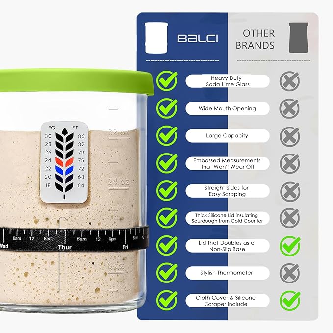 Premium Sourdough Starter Jar - 40oz Large Sourdough Jar with Marked Feeding Band, Thermometer, Scraper, Cloth Cover and Silicone Lid/Base, Wide Mouth Starter Kit - Green