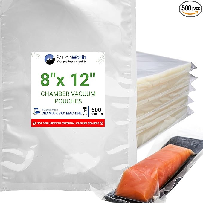 500 pcs Clear 8" x 12" Quart, 3 mil Chamber Machine Pouches, Pre-Cut Chamber Vacuum Sealer Bags, Heavy Duty Seal Pouch, BPA-Free Chamber Sealer Bags with Tear Notch